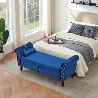 CAVINAS Rectangular Velvet Storage Ottoman Bench with Crystal Buckle and Pillow,Upholstered Storage Ottoman,Storage Benches for Living Room