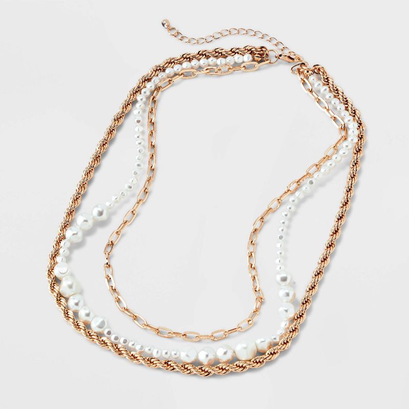 Chain and Pearl Multi-Strand Necklace Set 3pc - A New Day&#8482; Gold/White, 4 of 6