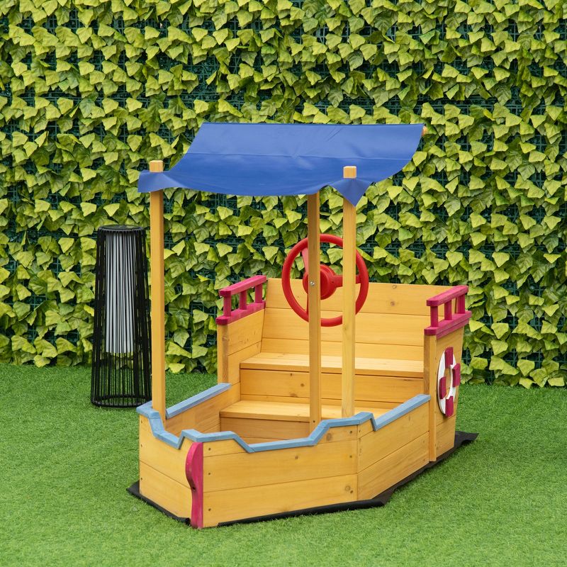 Outsunny Wooden Pirate Sandbox for Kids, Covered Children Sand boat Outdoor, w/ Storage Bench, Sun Protective Canopy Cover, Ages 3-8 Years Old, Orange, 2 of 7