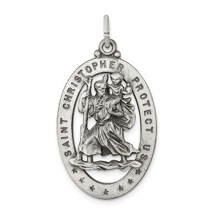 Black Bow Jewelry Sterling Silver Antiqued Oval St. Christopher Medal Pendant, 20 x 36mm - 1 of 4