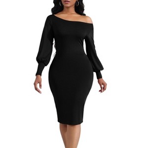 Womens Off-Shoulder Bodycon Wedding Guest Dress Long Sleeve Elegant Midi Dress Black M - 1 of 4