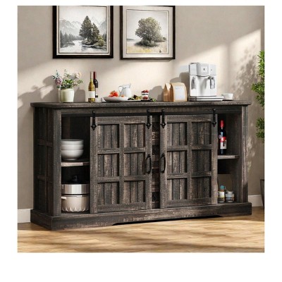 Farmhouse Sideboard Buffet Cabinet, Freestanding Cabinet With Shelves, Large Kitchen Cabinet with Sliding Barn Doors and 4 Drawers, Brown