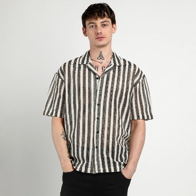 Campus Sutra Men Men's Midnight Black:Cream Oversized Candy Striped Shirt
