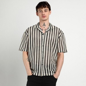 Campus Sutra Men Men's Midnight Black:Cream Oversized Candy Striped Shirt - 1 of 4
