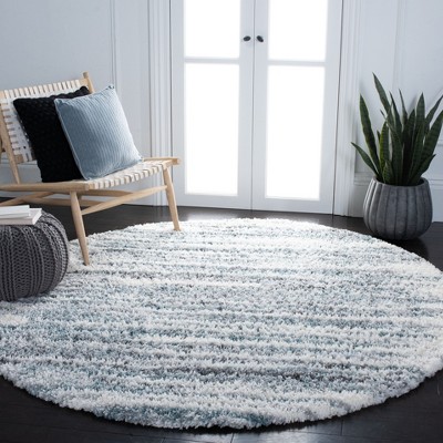 Ivory and Teal Round Hand-knotted Shag Area Rug, 3'x3'