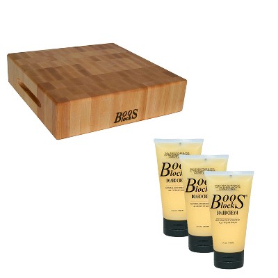 John Boos Classic 12 x 12 Inch Square Maple Hardwood Chopping Block with Boos Natural Moisture Cream 3 Pack