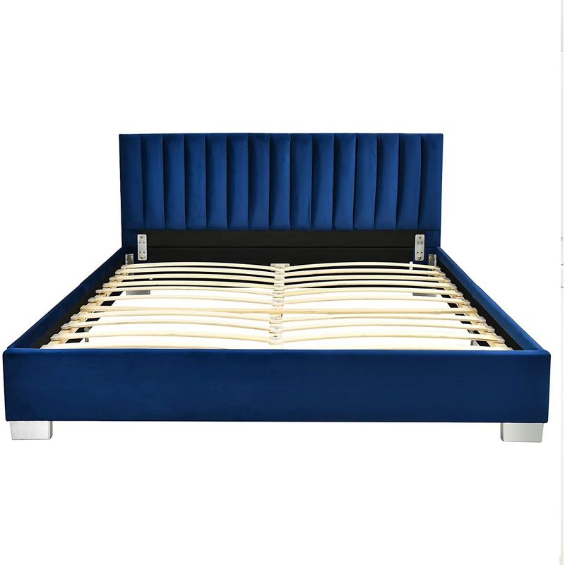Costway Upholstered Bed Frame Full Size Modern Platform Bed with Vertical Channel Headboard No Box Spring Needed Navy/Grey, 2 of 11