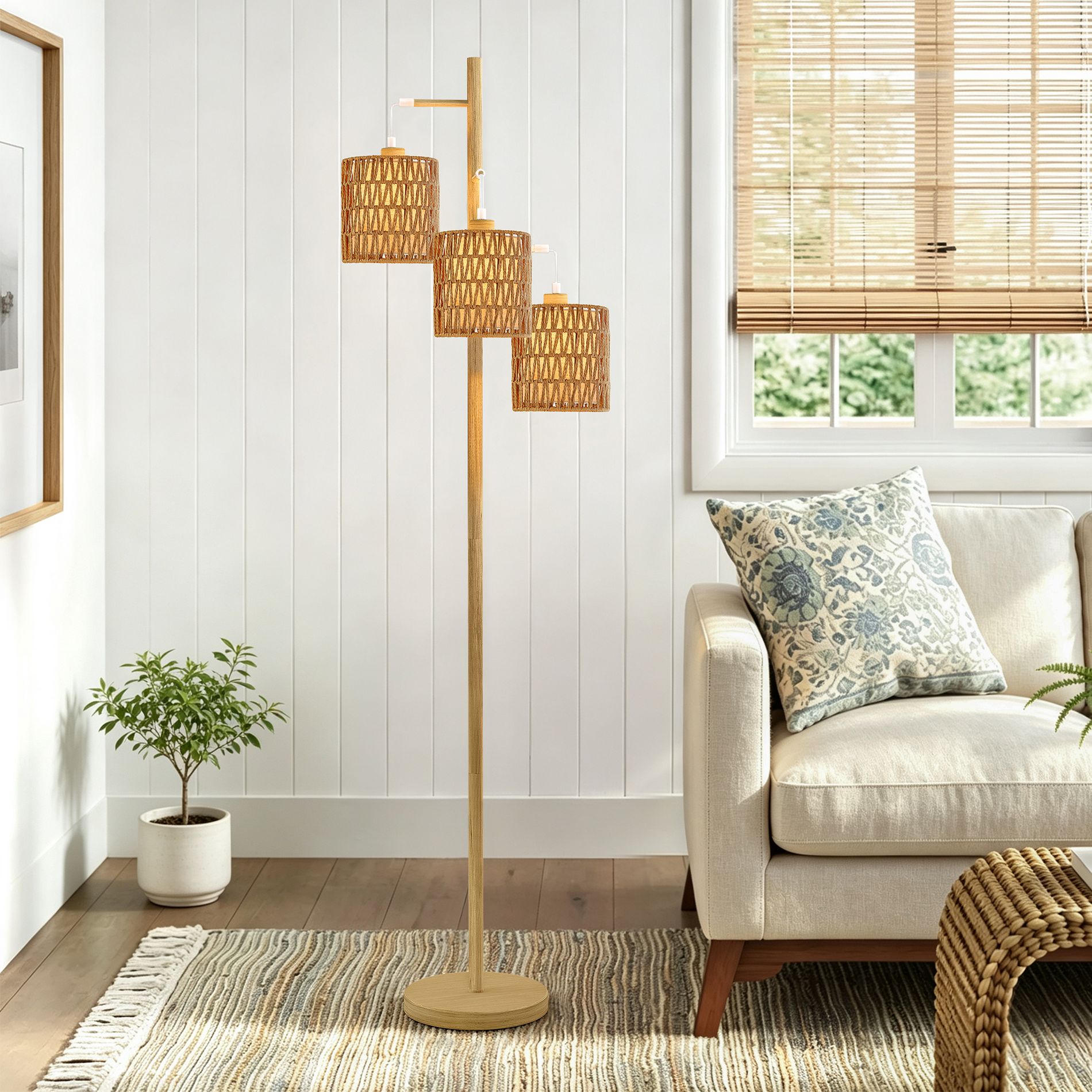 Maxax 65" 3 Light Floor Lamp, Natural Wood Tone Standing Lamp with Paper Rope Cylinder Shades for Living Room Bedroom