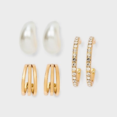 Pearl and Crystal Hoop Earring Set 3pc - Wild Fable™ Gold/White