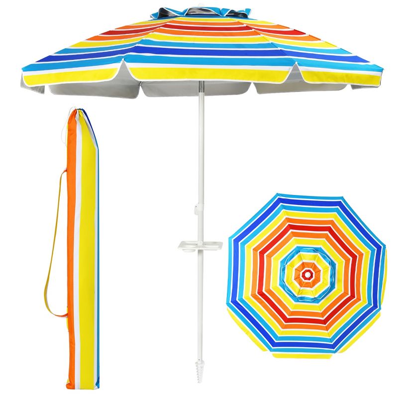 Costway 7.2 FT Portable Beach Umbrella Tilt Sand Anchor Cup Holder W/Carry Bag, 1 of 11