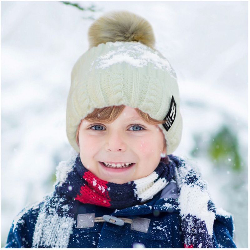Kids Fur Pom Pom Knit Winter Beanie Ski Cap for Boys Girls, 4 of 5