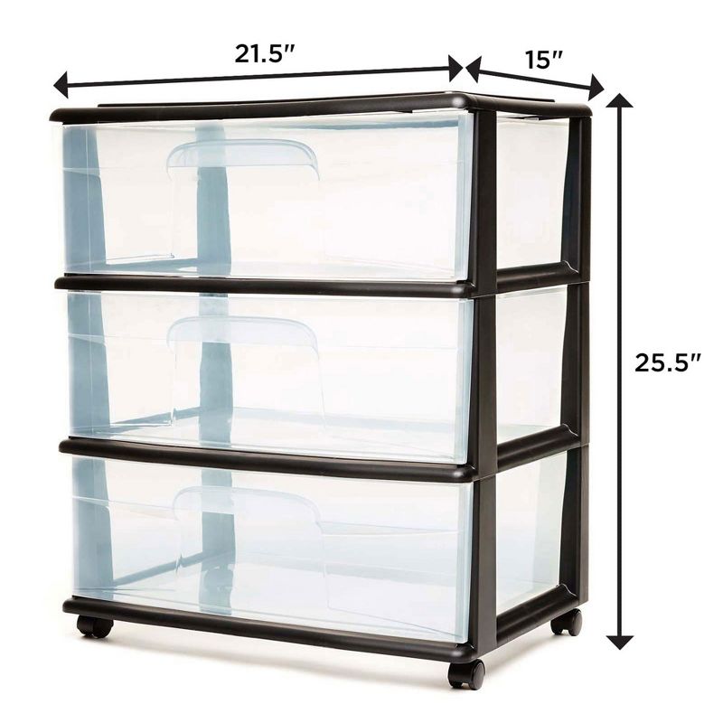 HOMZ 3 Drawer Plastic Storage Cart with Caster Wheels for Home Office Dorm Classroom Organization Black Frame/Clear Drawers (2 Pack), 3 of 7