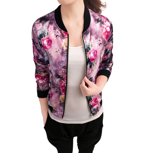 Allegra K Women's Stand Collar Zip Up Floral Prints Bomber Jacket 