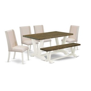 HomeStock 6-Piece Rectangle Distressed Jacobean Finish Solid Wood Top Dining Table with 1-Bench, 4-Chairs - 1 of 4