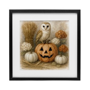 Stupell Industries Autumn Harvest Owl & Jack-o-Lantern Framed Print Under Glass Art - 1 of 4