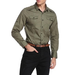 Men's Tactical Cargo Work Shirt Military Casual Slim Fit Long Sleeve Shirts Tops Army Green XXL - 1 of 4