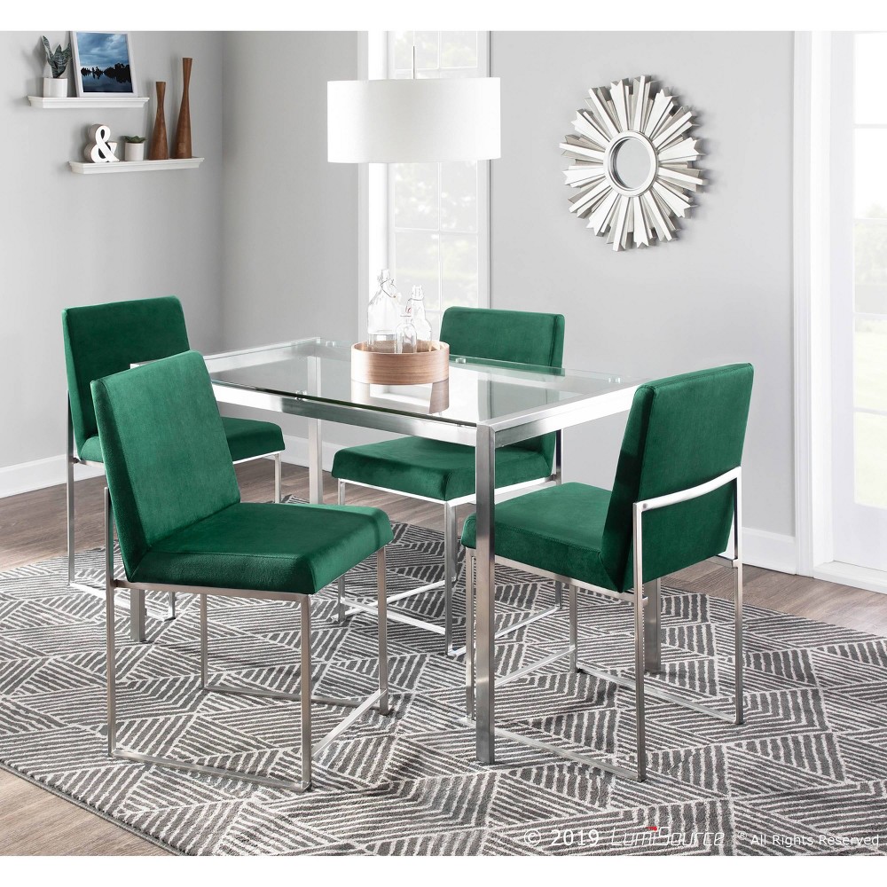 Photos - Dining Table Set of 2 High Back Fuji Contemporary Dining Chairs Stainless Steel/Green Velvet - LumiSource: Upholstered, Floor Protectors,