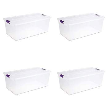 Sterilite 110 Qt ClearView Latch Storage Box, Stackable Bin with Latching Lid, Plastic Container Organize Clothes in Closet, Clear Base, Lid, 4-Pack
