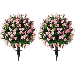 Sunnyglade Set of 2 Artificial Boxwood Topiary Ball Trees with Pink Flower, Faux Shrub Bushes with Ground Spike 25.5" - 1 of 1