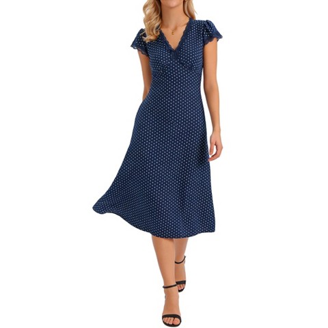 Женские платья INSPIRE CHIC Women's Summer Polka Dot Cap Sleeve V Neck Lace Trim Decor Casual Midi Dresses Medium Navy Blue