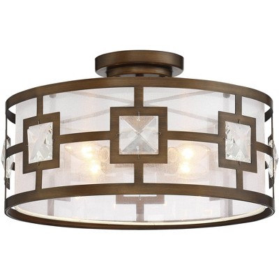 Possini Euro Design Modern Ceiling Light Semi Flush Mount Fixture Warm Gold 16" Wide Organza Drum Shade Crystal Accents Bedroom