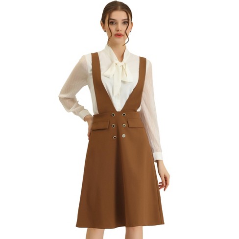 Allegra K Women s Overall Pinafore Dress Midi Suspenders Skirt Brown S