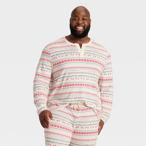 Men's "Let it Snow" Fair Isle Cozy Knit Long Sleeve Henley Holiday Matching Family Pajama Shirt - Wondershop™ Cream - 1 of 4