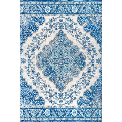 Reversible Cream/Blue Synthetic 4' x 6' Vintage Medallion Rug