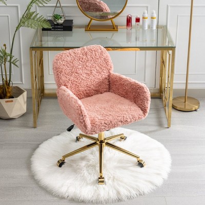 Pink Faux Fur Swivel Office Chair with Gold Metal Base