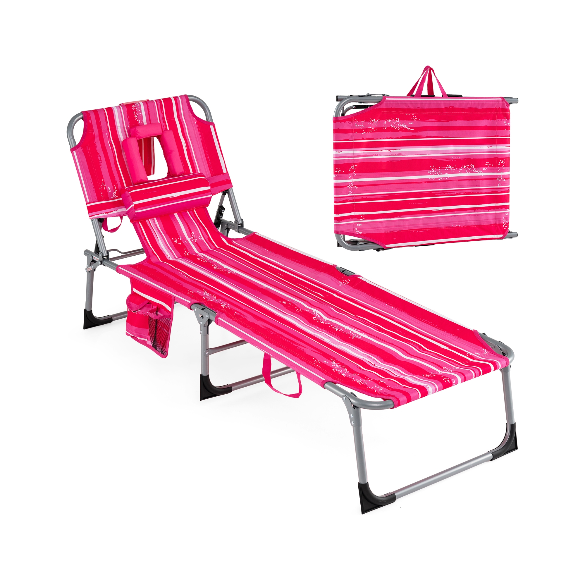 Costway Outdoor Beach Lounge Chair Folding Chaise Lounge with Pillow Pink Stripe