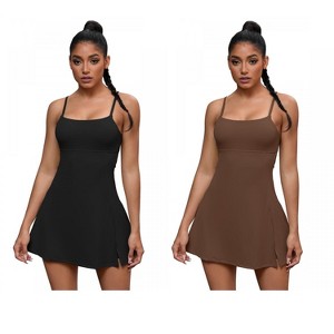 INSPIRE CHIC 2 Pcs Women's Spaghetti Strap with Built-in Bra and Shorts Workout Side Slit Square Neck Full Slips - 1 of 4