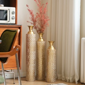 Zeus & Ruta Gold Distressed Metal Floor Vases Set of 3 - 34"/29"/25"H, Decorative Centerpieces with Growing Vine Patterns - 1 of 4