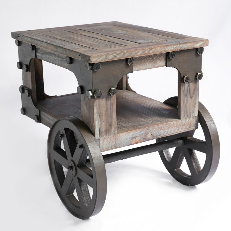 Vintiquewise Industrial Wagon Style Small Rustic End Table with Storage Shelf and Wheels, 3 of 6