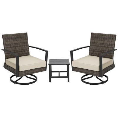 Heynemo 3 Pieces Patio Bistro Set with Swivel Chair and Side Table, Weather Rattan Chairs with Cushions & Metal Frame for Bistro, Porch, Beige Set of