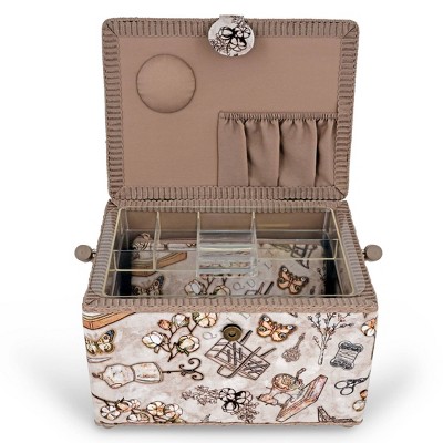 Large Taupe Cotton Rectangular Sewing Basket with Zippered Case