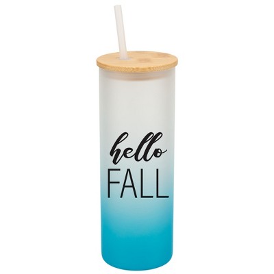Elanze Designs Hello Fall Autumn Season Wrap-Around Design 25 Ounce Frosted Gradient Glass On-The-Go Coffee Travel Skinny Tumbler Mug Cup, Bamboo Lid