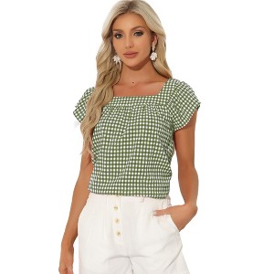 INSPIRE CHIC Women's Summer Square Neck Gingham Cap Sleeve Blouses - 1 of 4