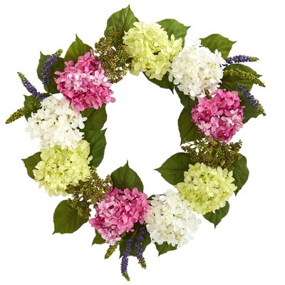 23" Artificial Hydrangea Wreath Pink/White - Nearly Natural