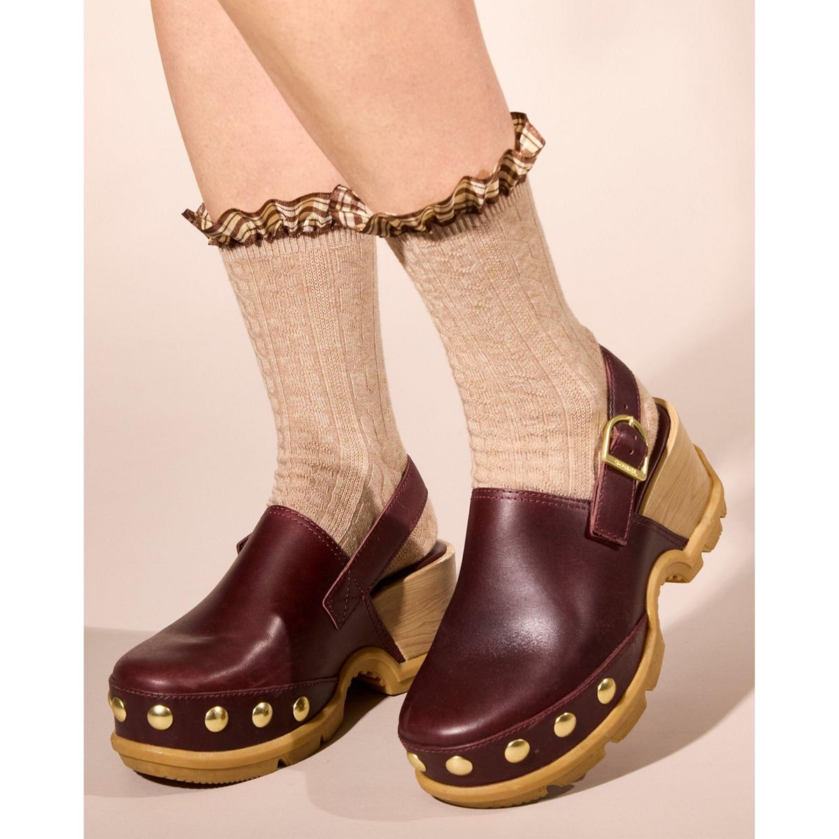 Memoi Women's Wool Blend Plaid Ruffle-Cuff Chain Stitch Crew Sock - thumbnail 4