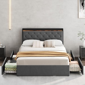 Full Bed Frame, Upholstered Platform Bed Frame with 4 Drawers, Storage Headboard, Wooden Slats Support, Metal Bed Frame with Charging Station, No Box - 1 of 4