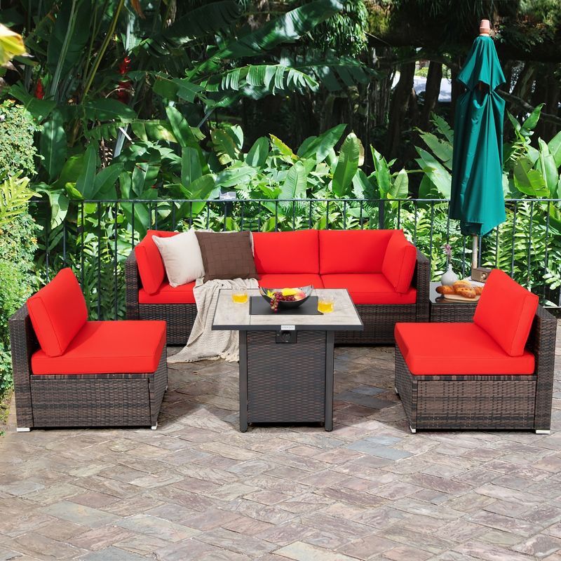 Costway 7PCS Patio Rattan Furniture Set 30'' Fire Pit Table Cover Cushion Sofa Off White\Black\Navy\Red\Turquoise, 1 of 10