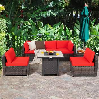 Costway 7PCS Patio Rattan Furniture Set 30'' Fire Pit Table Cover Cushion Sofa Off White\Black\Navy\Red\Turquoise