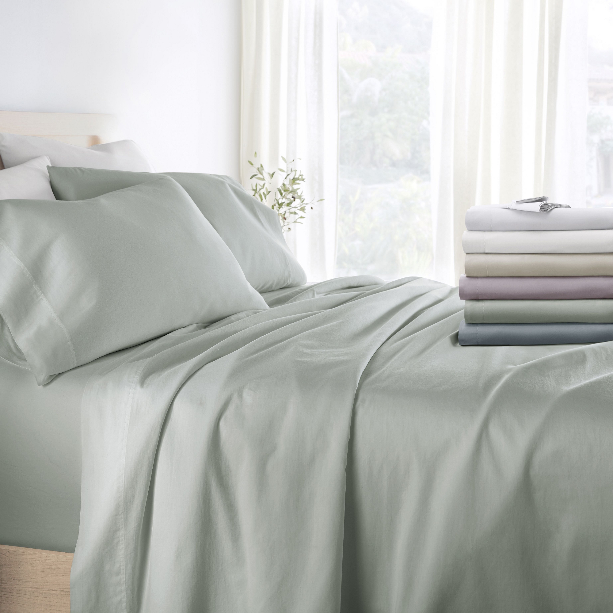 300 Thread Count 100% Cotton 4 Piece Solid Sheet Set Sateen Weave - Becky Cameron, Green Mist, Queen