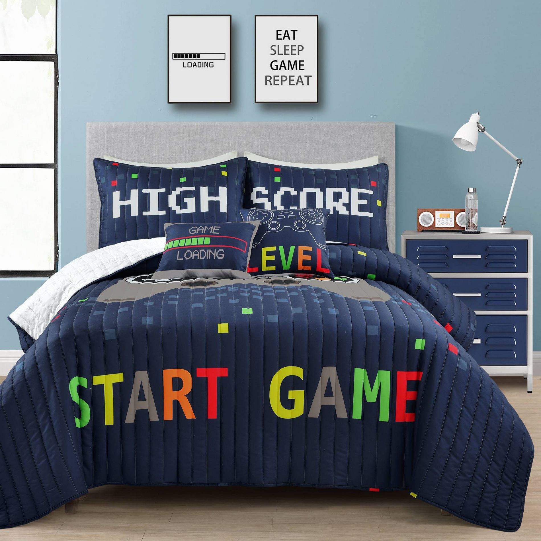 5pc Full/Queen Kids' Video Games Quilt Set Navy Blue - Lush Décor: Boys Gaming Bedding, Kids Room Decor, 5 Pieces