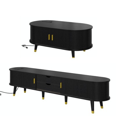CLIHOME Wooden Farmhouse TV Stand & Coffee Table Set with Charging Station, Oval Fluted Media Console for TVs up to 80