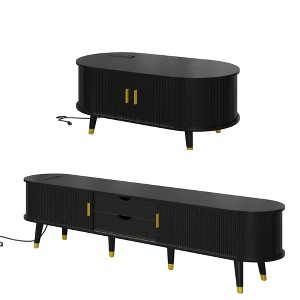CLIHOME Wooden Farmhouse TV Stand & Coffee Table Set with Charging Station, Oval Fluted Media Console for TVs up to 80 - 1 of 4