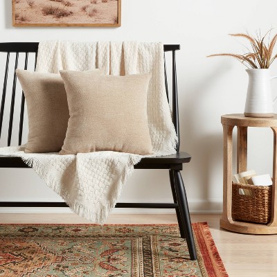 Set of 2 Beige Chenille Square Throw Pillows