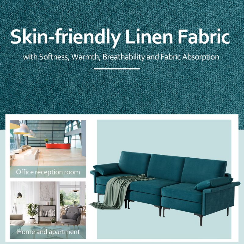 Costway Modern Modular Fabric 3-Seat Sofa Couch Living Room Furniture w/ Metal Legs Blue\Grey, 5 of 10