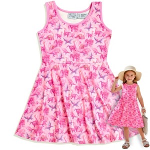 The Pink Picket Fence Suzie Dino Summer Twirl Dress for Girls – Sleeveless Play Dress – Hand-Painted Dinosaur Print - 1 of 4