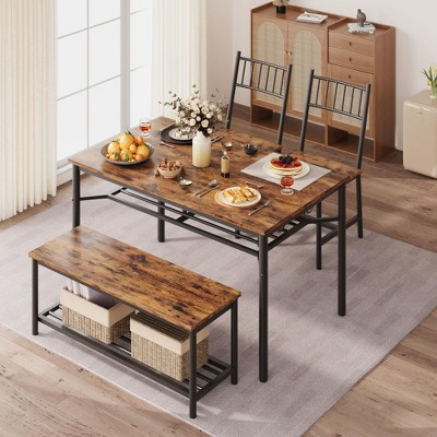 Dining Table Set For 4, Room Dining Table Set With Storage Benches, Kitchen Table And Chairs For 4 With Wine Rack, Rectangular Kitchen Table Set